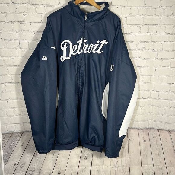 Detroit Tigers Majestic Baseball Full Zip Jacket Coat size 4XL Blue Thermabase - Picture 1 of 11